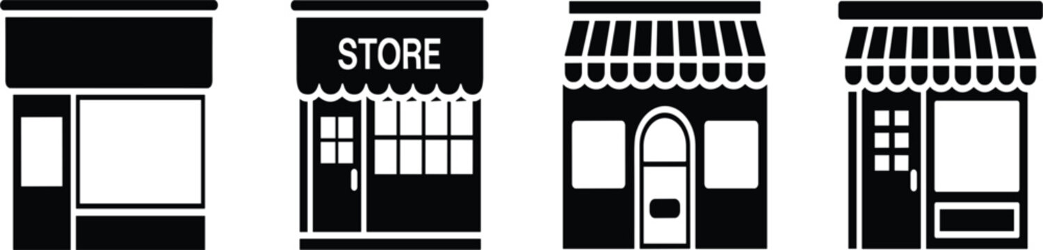 Store Front and Shop Building Icon Set with Awning Retail Facade Symbols for E-Commerce Websites Local Business Maps and Digital Media Designs