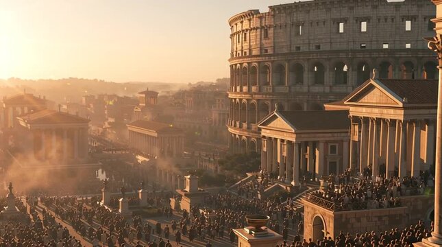 Wide shot of ancient Rome at golden hour, Colosseum, Forum Romanum, and temples bathed in warm sunlight, crowds in togas moving naturally, atmospheric dust, cinematic historical scene.