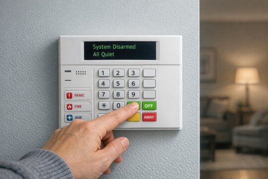 Close-up of a person pressing a button on a keypad with a serious expression