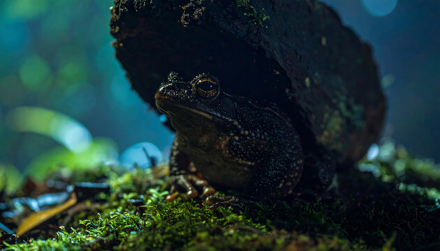 Close up of a dark frog resting under a log on mossy ground in a lush forest environment