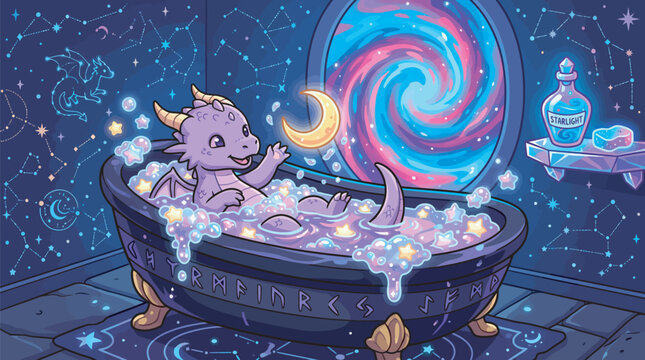 Fantasy Illustration of a Cute Baby Purple Dragon Taking a Magical Bubble Bath inside a Cosmic Portal Room