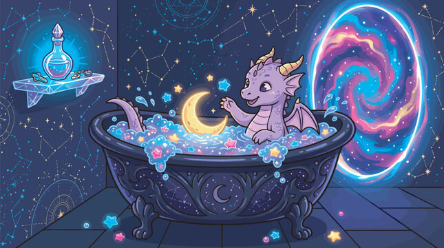Cute Fantasy Baby Dragon Enjoying a Magical Bubble Bath with a Floating Crescent Moon in a Cosmic Space Room