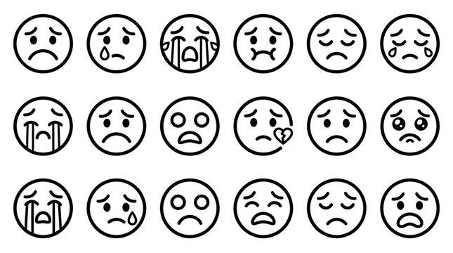 Collection of various sad and unhappy emoticon faces.