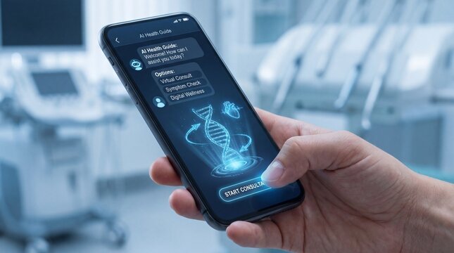 Hand holding smartphone with AI health guide application for virtual consultation and digital wellness.