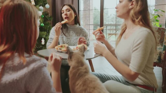 happy young people eating pizza at home, smiling face cheerful female group enjoying food meal dining sitting together, hungry girls family friends sharing lunch at meeting. fun cat climbs into table.