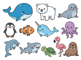 Fototapeta premium Set of Cute Kawaii Arctic and Sea Animals Cartoon Illustrations Including Whale Polar Bear Penguin Octopus Turtle Shark and Flamingo