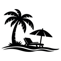 Obraz premium Relaxing beach scene with palm tree, lounge chair and umbrella on sandy shore