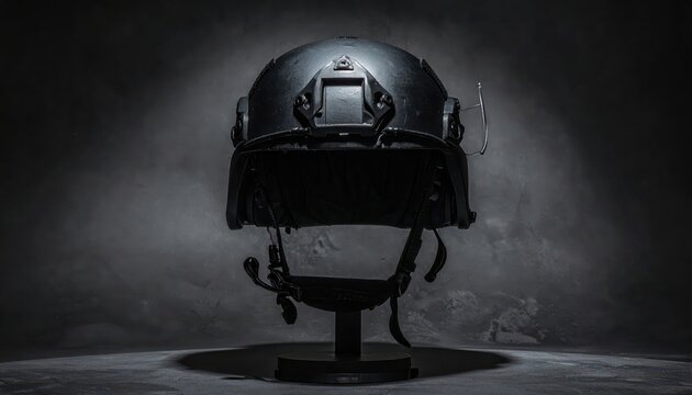 Tactical ballistic helmet with attached communication headset and side rails on a stand.