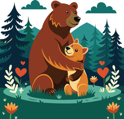 Bear Family Love in Forest Vector Illustration © Md