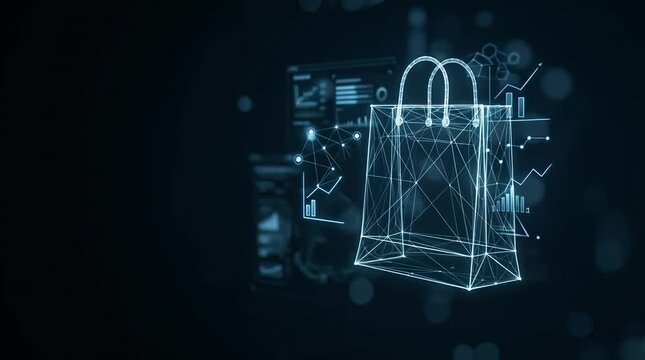 Glowing Holographic Shopping Bag Icon with Data Visualizations