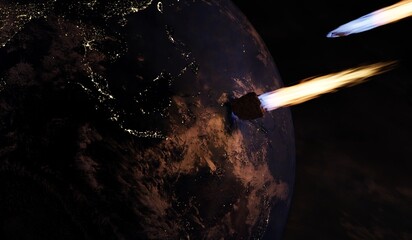Meteor shower, collision with Earth, orbit, meteorite, 3D illustration. © nana