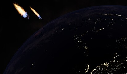 Meteor shower, collision with Earth, orbit, meteorite, 3D illustration. © nana