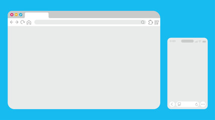 水色背景にブラウザとスマートフォンの画面が並ぶUIモックアップ、Webサイトやアプリ制作に使える素材 © 秀晃 岡庭