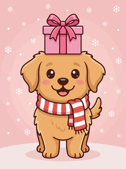 Fototapeta premium Cheerful Golden Puppy Cartoon with Pink Gift Box and Scarf on Pink Snowflake Background