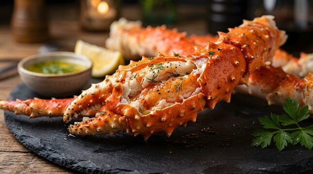 Fresh cooked king crab leg served on a black stone plate with lime wedges and dipping sauce in a rustic restaurant dining setting