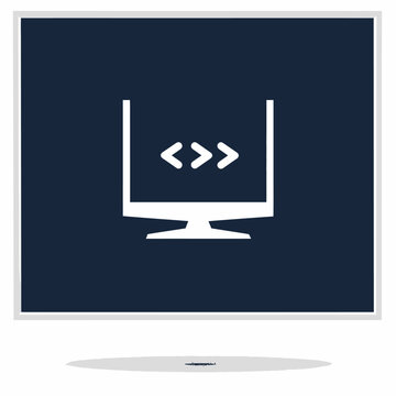 A white-outlined computer monitor icon on a dark blue background, with the code arrows