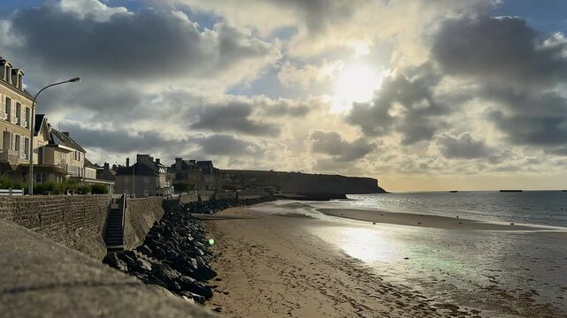 Timelapse clouds moving through French coastal town of Arromanches