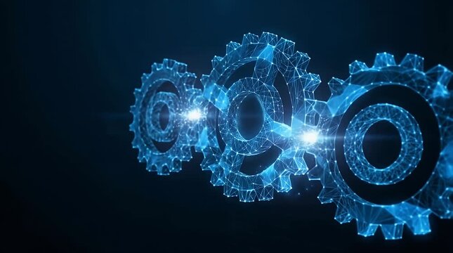 Futuristic Digital Gears Assembling with Glowing Particles