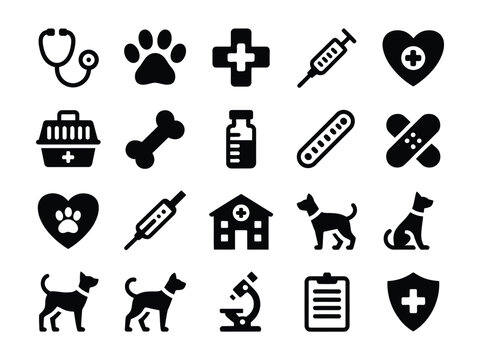 Black icons of various veterinary medicine and pet care related objects on white background