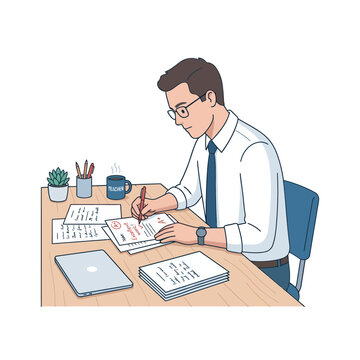 Male teacher in shirt and tie sitting at desk grading student exam papers with red pen marked excellent work and A-plus grade in classroom.
