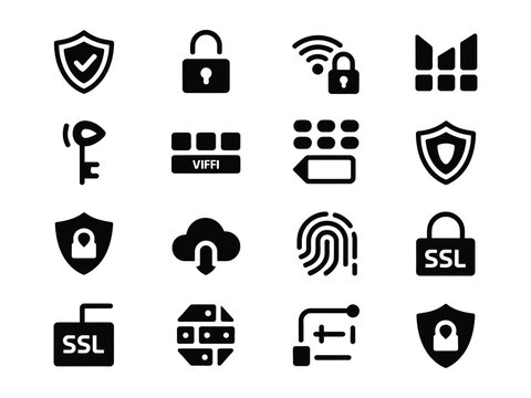Black security icons for internet safety and protection on white background