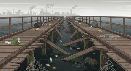 Fototapeta premium Dilapidated industrial bridge over polluted water with factory smoke in background.