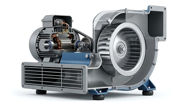 A technical cross-section view of a modern industrial air mover highlighting the internal electric motor and centrifugal blower assembly for ventilation