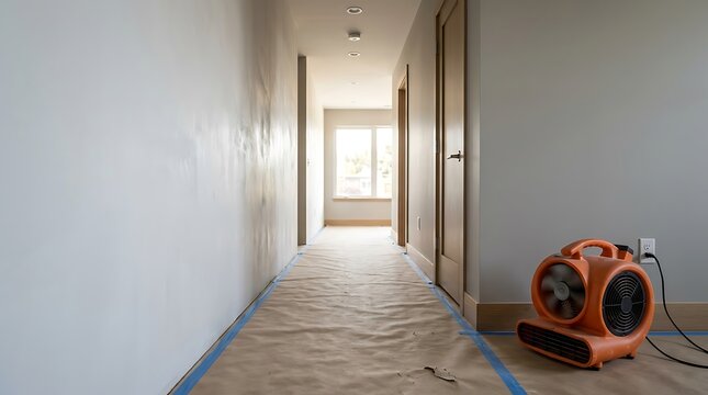 An orange air mover positioned on the floor of a residential hallway during home renovation to help dry newly painted walls and fresh interior surfaces