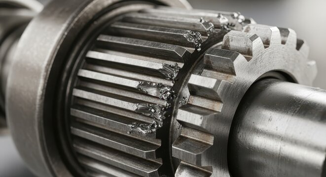 A striking macro close-up of intricately machined industrial steel helical gears, demonstrating significant mechanical damage and evident wear on their robust