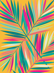 Abstract Tropical Palm Leaves Illustration with Vibrant Colors and Minimalist Design on Yellow Background ©  Yassine DS
