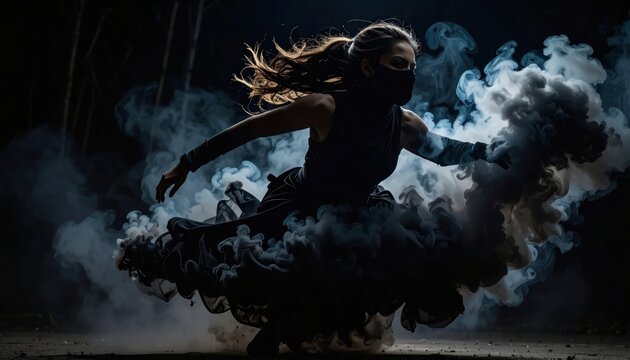 Woman dancing in smoke darkness.