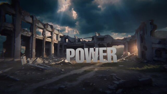 Power concept typography intro text title in war torn ruins massive 3d letters in a post apocalyptic landscape at dusk