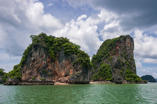 The iconic James Bond Island seen from a boat tour in Phang Nga Bay near Krabi, Thailand
