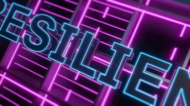 Resilience neon typography title intro text over futuristic cyberpunk grid background symbolizing strength and determination