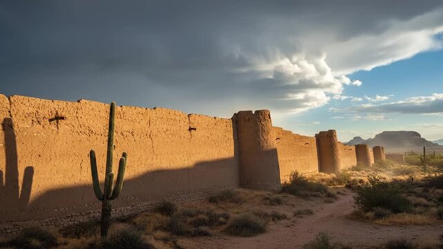 Ancient Adobe Wall in the Desert Under Stormy Sky