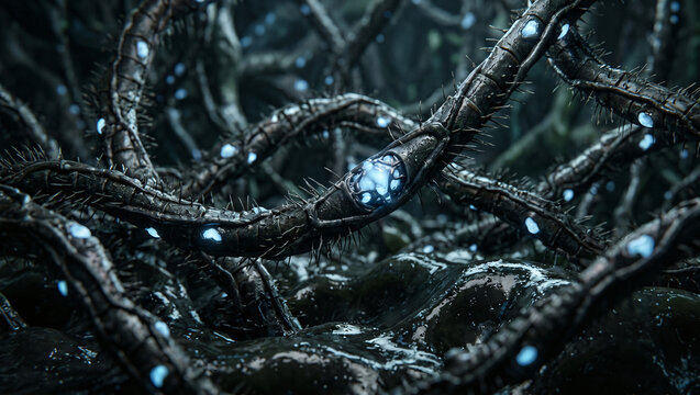 Close-up of dark alien thorny tentacles with glowing cyan bioluminescent nodes in a wet creepy environment