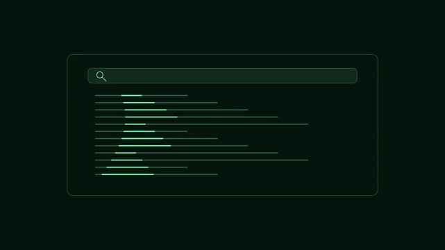 Digital search bar interface with glowing green lines representing data processing or results on a dark background