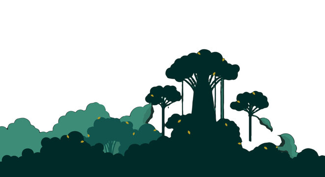 Silhouetted dense forest with tall tropical trees.