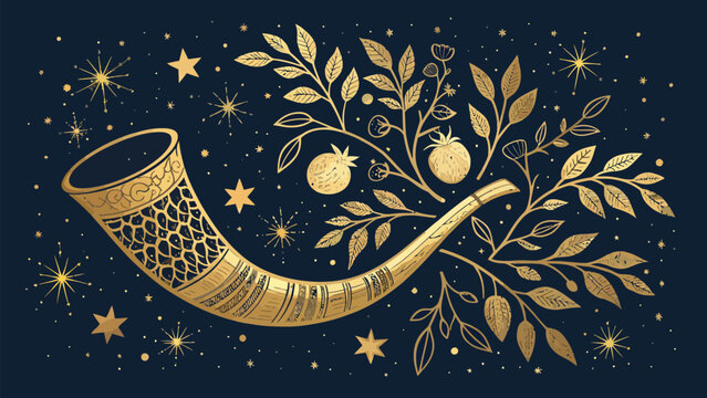 Golden shofar horn with pomegranates and leaves on a starry night sky background, a traditional jewish symbol for rosh hashanah and yom kippur