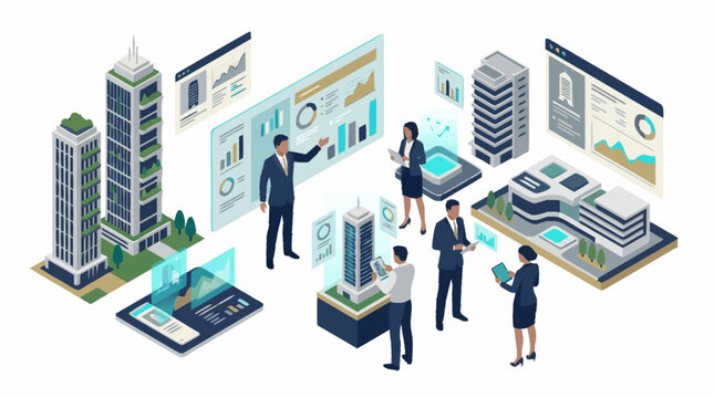 Business professionals interacting with futuristic digital interfaces and buildings.