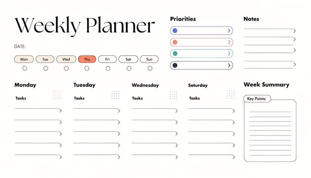 Weekly Planner Design Illustrating Productivity Tools For Effective Time Management.