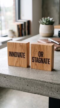 Two wooden blocks with the bold text "INNOVATE OR STAGNATE" sit on a modern concrete desk in a bright office setting, featuring a blurred background with a succulent plant and notebook.