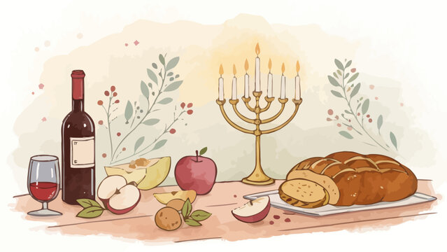 Illustration of a hanukkah table setting with menorah, wine, bread, and fruit on a wooden table with a beige background