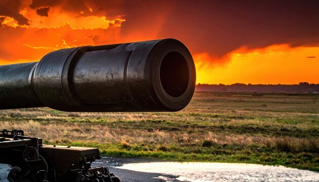 The muzzle of a military tank's main cannon silhouetted against a dramatic fiery sunset over a grassy field