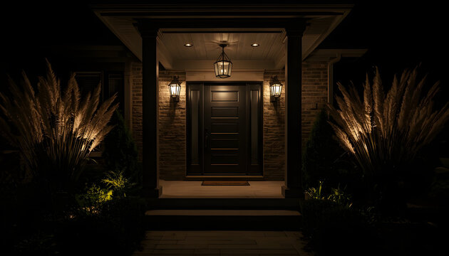 Luxury home main entrance porch at night with elegant outdoor wall sconces and landscape uplighting.