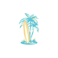 Obraz premium A surfboard stands on a patch of grass next to two palm trees on a white background