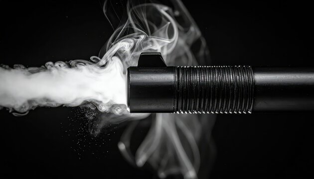 Threaded pistol barrel with a black cylindrical sound suppressor emitting smoke