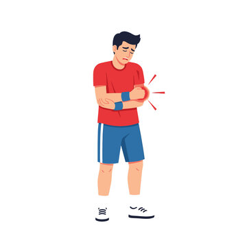 Man with arm pain, injury on white background