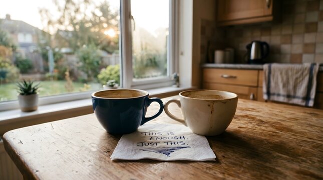 Two coffee cups resting on a rustic table frame a handwritten note of gratitude, a visual metaphor for finding peace, mindfulness, and contentment in the simple present moment.