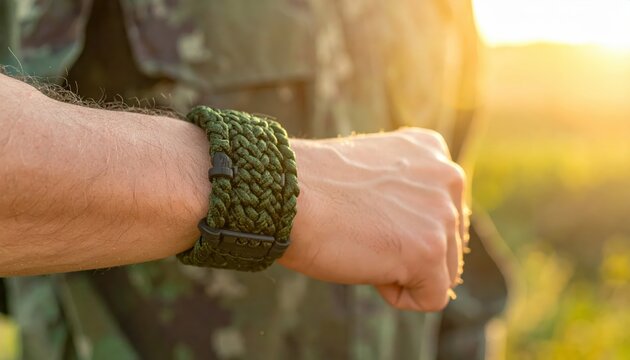 Tightly woven olive green paracord survival bracelet with black plastic buckle on a person's wrist in sunlight